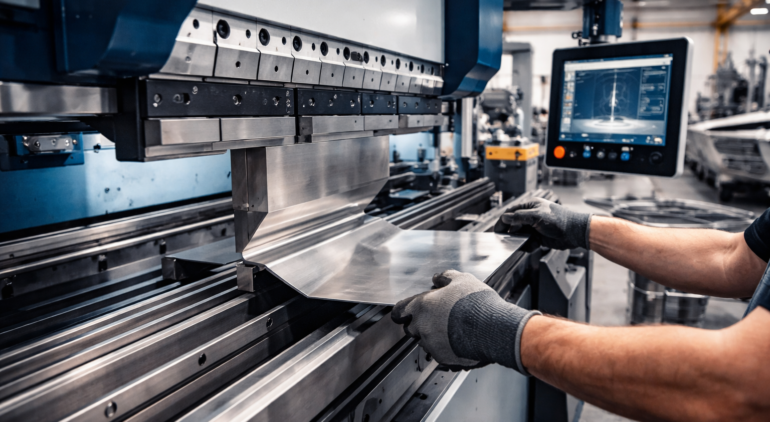 APB technician operating CNC press brake machine forming stainless steel plate at Fort Lauderdale marine fabrication shop