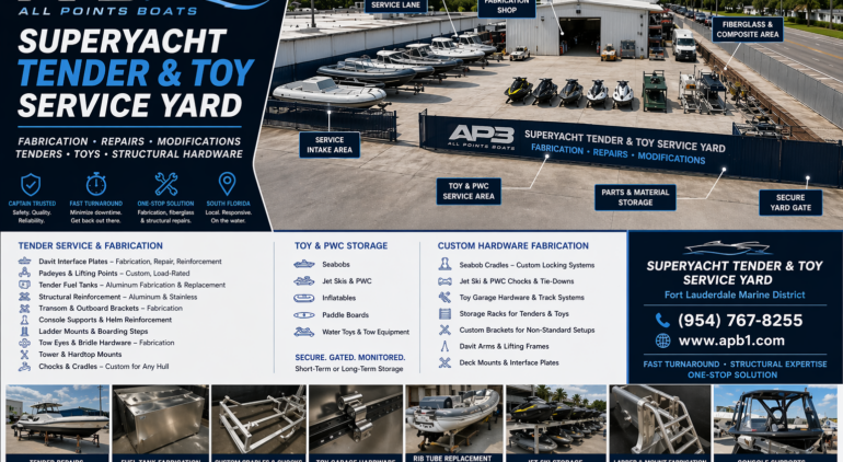 Superyacht tender and toy service yard in Fort Lauderdale providing structural repairs, aluminum and stainless fabrication, jet ski chocks, davit interface plates, padeyes, and custom marine hardware at All Points Boats