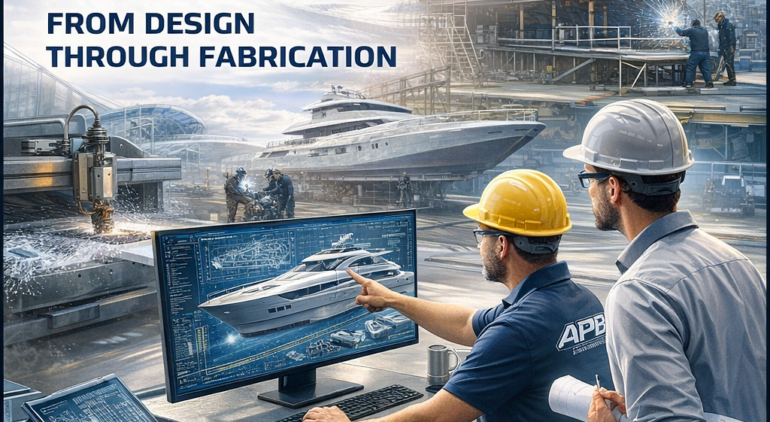 All Points Boats fabrication team collaborating with naval architects on yacht structural components using CNC manufacturing and marine engineering drawings